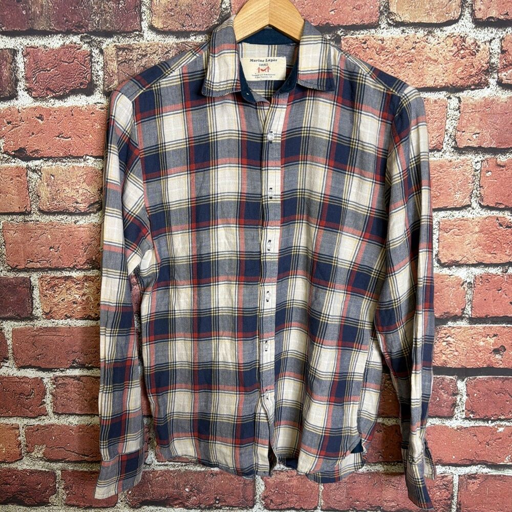 Marine Layer Mens Red Blue Plaid Flannel Button Down Shirt Small